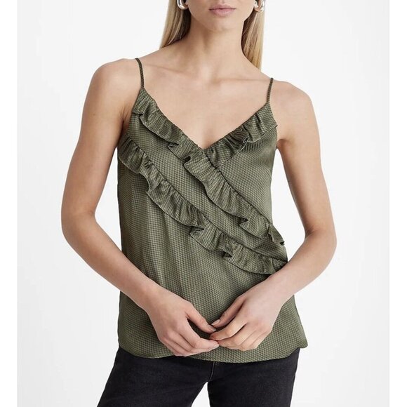 Express Women's Satin Downtown Cami Size XS Green V-Neck Ruffle Front NWT $48 - Picture 1 of 16